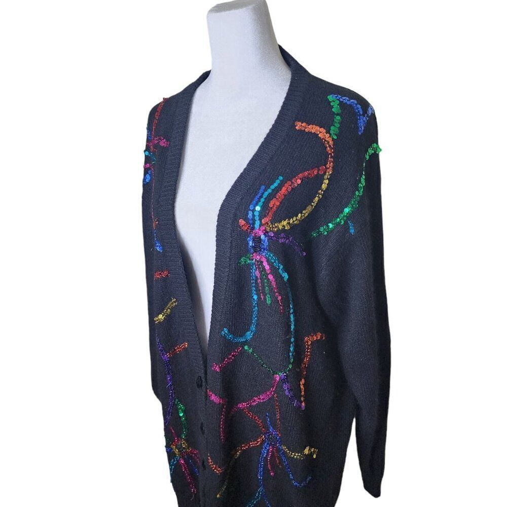 Vintage 80s Confetti Sequin Cardigan Sweater Womens Size M Black Rainbow Angora